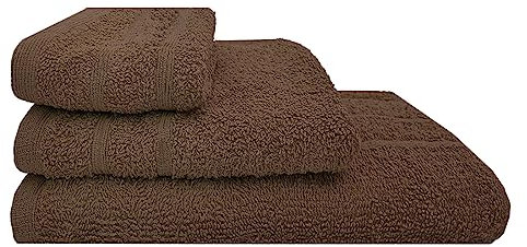 Acomoda Textil – Juego 3 Toallas de Baño 100 Algodón. Pack 3 Toalla Rizo con Cenefa 450 gr/m2, Toallas de Ducha, Lavado y Bidet Absorbente y Suave Pasa Aseo y Gimnasio. (Marrón)