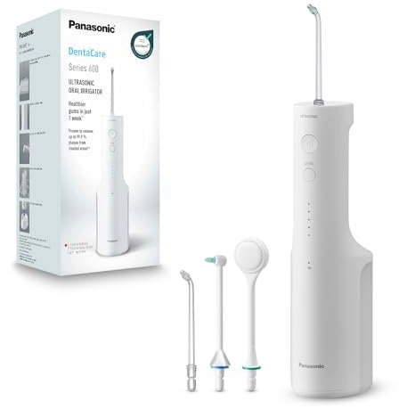 Panasonic Series 600 Water Flosser for Teeth, Cordless EW-DJ67-W311, 99.9% Plaque Remover, IPX7, 2 Ultrasonic Nozzles, 1 Orthodontic & 1 Tongue Care Nozzle, 5 Pressure Settings, Oral Irrigator, White