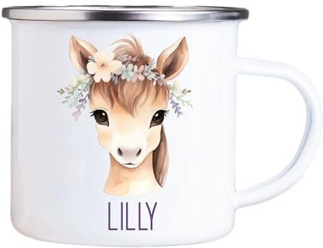 4youDesign Emaille Tasse Kinder personalisiert – Pferd Blume – Tier Namenstasse – Geschenk für Jungen & Mädchen – Bruchsicher & Leicht – Geschenkidee zur Einschulung & Geburtstag - 300ml