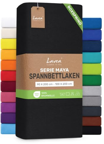 Lavea® Spannbettlaken 90-100x200 cm - für Boxspringbett – Schwarz | Jersey Spannbetttuch mit 40 cm Steghöhe, 100% Baumwolle, weich, atmungsaktiv, pflegeleicht, formstabil – Perfekte Passform