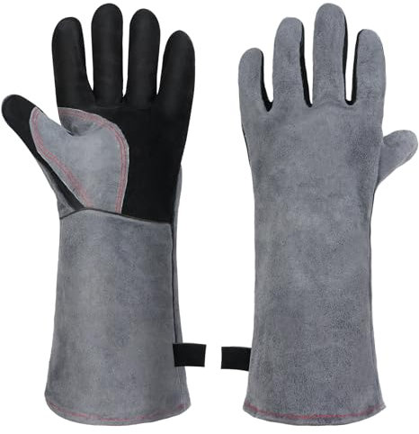AUAUY Guanti Barbecue in Pelle Professionali, Guanti Ignifughi Resistenti al Calore, Guanti da Saldatore in Pelle da Uomo, per la BBQ, Saldatura, Camino, Stufa, Forno, Cottura, Portapentole (Grigio)