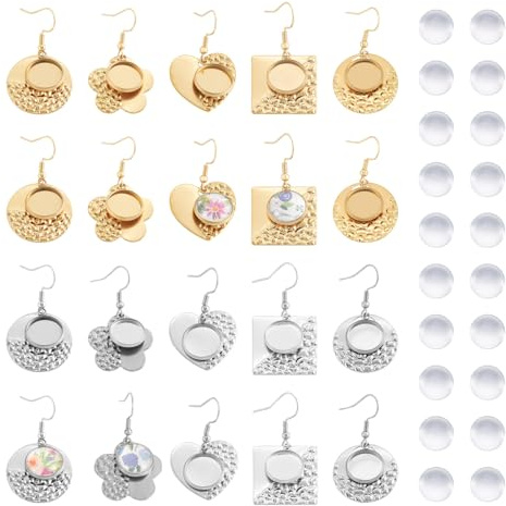 Sparkeads 20 Sets Edelstahl-Ohrring-Lünette, rund, quadratisch, Herz-Lünette, Tabletts, 12 mm, glasklare Cabochons für Ohrringe, Handwerk, Schmuckherstellung, DIY, Damen-Accessoire, Dekoration