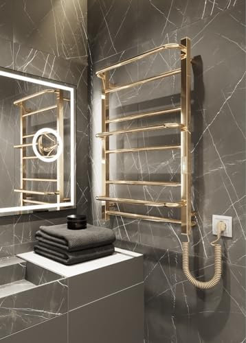 Elna® Badheizkörper Elektrisch Gold 81x53 cm 133W - Handtuchheizkörper aus Edelstahl 304 mit Ablage, Timer & Thermostat, IP44 Schutz - Handtuchwärmer zur Wandmontage