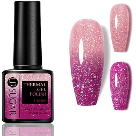 NLFOX Colour Changing Gel Nail Polish - Glitter Nail Polish - Two Color Temperature Changing Gel Nail Polish - Pink Glitter High Glossy Shine Nail Varnish Fast Drying Breathable Nail Art