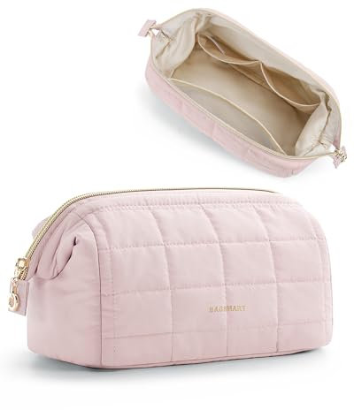BAGSMART Make Up Tasche Schminktasche Klein Kosmetiktasche Damen, Reise Kulturbeutel, Reiseutensilien, Weit Zu öffnende Tasche Makeup Bag Rosa