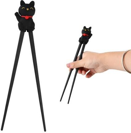 Volumoon Palillos, Gato de La Suerte, Palillos para principiantes, Reutilizables, Palillos de Entrenamiento Niños, Palillos lindos Resistentes al Calor para Platos Asiáticos(Negro)
