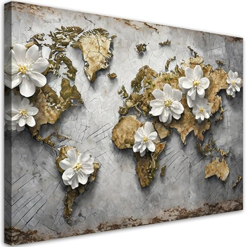 Feeby Leinwand Bilder - 3D Weltkarte Blumen Textur - Vlies 90x60 cm - Deko Wohnzimmer - Wandbilder Schlafzimmer - Deko Aesthetic - Wand Deko - Leinwand Groß - Deko Zimmer - Leinwandbilder XXL