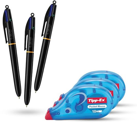 BIC 4 Colour Pro Pens Pack of 3 with Durable Plastic Barrel 4-Ink Colours & Tipp-Ex Pocket Mouse Correction Tapes Pack of 3 with Instant Dry 10m Tape for Writing and Corrections