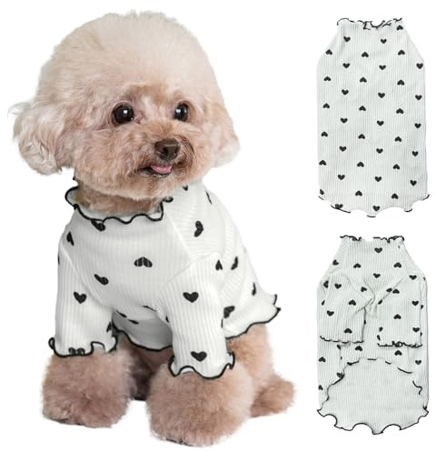 Yaopelky Pet Clothes for Small Dogs Cat Summer Fall Heart Print Shirt Stretchable Ruffle Long Sleeve Outfits for Chihuahua Schnauzer Shih Tzu Yorkie (Gray, L)
