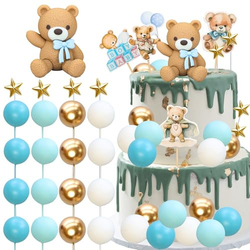 Gyufise 38Pcs Bear Cake Toppers Bear Balls Cake Decorations with Stars Cake Toppers Gold Blue White Balls Decorations for Boy Girl Baby Shower Birthday Party Decorations Blue