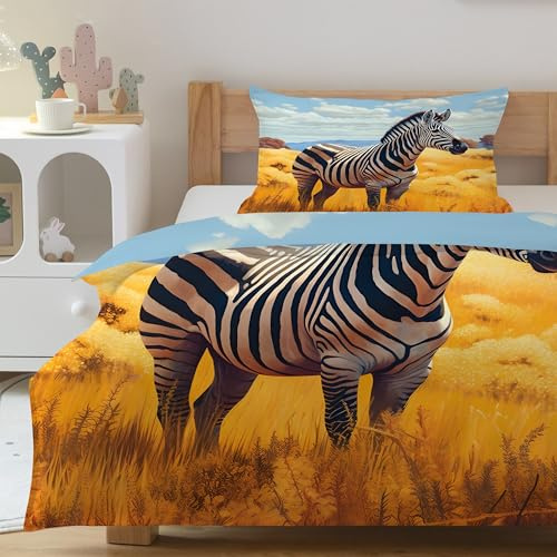 CCZM Zebra Bettwäsche 140x200 - Tierwelt Bettbezug 140x200 - Dschungelzebra Tier Wendebettwäsche und 2 Kissenbezug 70x90, Warm Mikrofaser Bettwäsche-Sets mit Reißverschluss, Y-718