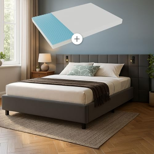 Juskys Polsterbett 140x200 cm Luzano - Bett mit LED, Matratze, Lattenrost & Kopfteil - Modernes Bettgestell aus Holz & Samt - Doppelbett - Dunkelgrau