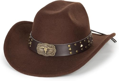 Klassischer Western-Cowboyhut für Frauen und Männer, Filzhut mit breiter Krempe, Cowboy-Hut, Jazzhut mit Stierband