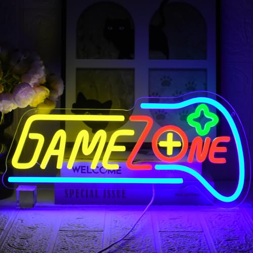 UExnkj-Y Game Zone Insegna al Neon Controller di Gioco Luci al Neon Con pulsante e interruttore dimmerabili,adatta per e-sport,sala giochi,lampada da parete con lettere decorative per feste