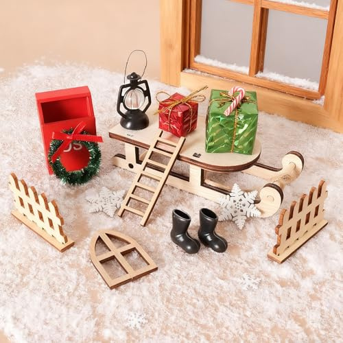 Pubbyuer Wichtel Zubehör, 15 Stück Wichteltür Set Weihnachten mit Zubehör DIY Deko Komplettset aus Holz & Kunststoff Wichtelzubehör für Kinderzimmer Adventskalender Füllung & Weihnachtsdeko