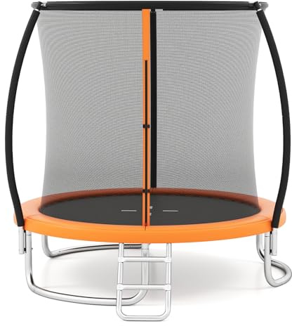 COSTWAY Trampolino Elastico per Bambini e Adulti 244 cm/305 cm/366 cm, Tappeto Elastico da Esterno con Rete di Sicurezza, Scala e Telaio in Acciaio Zincato Antiruggine (Arancione,244 cm)