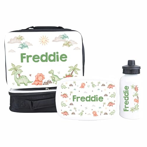 Crwban® - Personalised Insulated Lunch Bag, Snack Box and Water Bottle Set for Kids - Choice of Designs and Items with Custom Name Children's Back to School Lunch Set (Dinosaur)