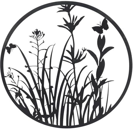 UNUS Metall-Aufhänger Pflanzenmotiv rund Ø 60 cm in Schwarz dekorative Wanddeko für innen und außen