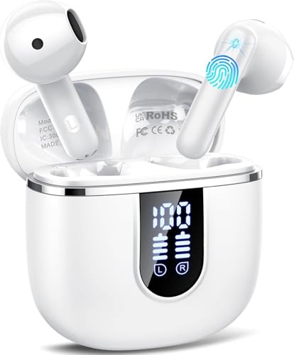 Wireless Earbuds with 6D Stereo, Bluetooth Headphones for Work, Sport White | Bluetooth 5.4, ENC Noise Cancelling,USB-C Fast Charging, IP7 Waterproof, Mini Ear Buds with Big Bass, Android iOS,LED Display