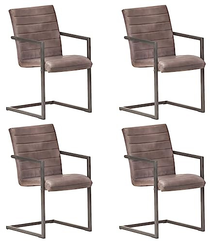 Bucmath Freischwinger 4er Set, Braun Echtleder Esszimmerstühle, Küchenstühle mit Armlehnen, Retro Design Schwingstuhl für Esszimmer, Metallgestell, 51x56x91 cm