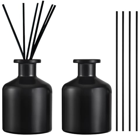2 Stück 150ml Diffuser Glas, Raumduft Diffuser, Duftstäbchen, Matte Glasflaschen, Leere Diffusorflasche Glas, mit 10 Duftstäbchen, für Raumduft und Aromatherapie, Zuhause, Büro, DIY Ersatz (Schwarz)