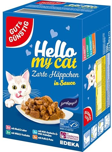 Gut & Günstig Katzenfutter Hello My Cat Zarte Häppchen 12 x 100g Blau Nassfutter für Katzen Großpackung (1 x 1.200g)