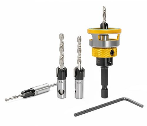 5-Piece Countersink Drill Bit Set with Depth Stop, 1/4 Hex Shank Wood Drill Bits, 82° Countersink Bits for Woodworking, HSS-M2 Precision Bits (2.8/3.2/3.5/4mm Pilot + 8/10mm Countersink)