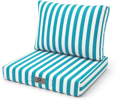 deco arts Sitzkissen Outdoor mit abnehmbarem Bezug – 2er Set XL für Gartenmöbel und Loungesessel – Sitz 70x60x8 cm + Rücken 70x35x15 cm – Türkis Gestreift