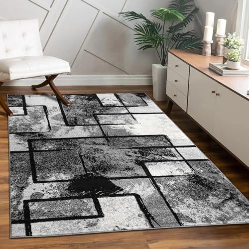 Paco Home Teppich Wohnzimmer Modern Kurzflor Abstrakt Gemälde Optik Schwarz Grau Anthrazit, Grösse:140x200 cm