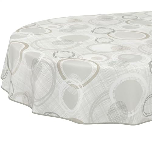 ANRO Tischdecke Wachstuch abwaschbar Wachstuchtischdecke Wachstischdecke Kreise Geometrie Weiß Silber Oval 280x140cm mit Saum - Eingefasst