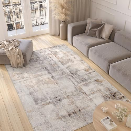 TAPISO Valley Teppich Kurzflor Modern Abstrakt Grau Beige Creme Mehrfarbig Linien Meliert Verwischt Wohnzimmer Schlafzimmer ÖKO-TEX 140 x 200 cm