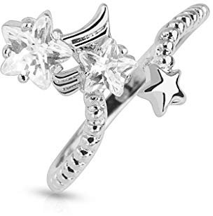 Paula & Fritz® Ring Damen Verstellbar Sternenregen Zirkonia Klar Silber 316L Chirurgenstahl Zehenring Mittelring Partnerring Offen Einstellbarer-Ring