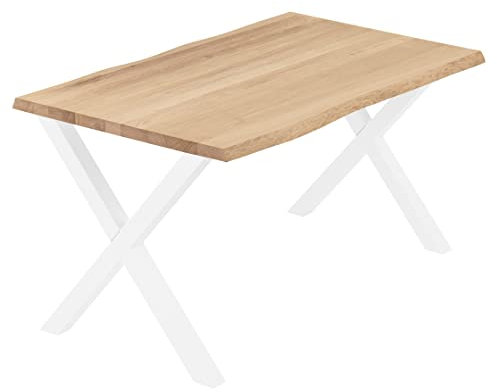 LAMO Manufaktur Esstisch Küchentisch Schreibtisch Couchtisch aus Massivholz, mit Baumkante 120x80x76 cm (AxBxH), Design, Natur/Weiss, LEB-01-A-002-9016D