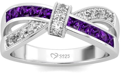 Jeulia Bow 925 Sterling Silber Damenring Crossover Verlobungsring Zirkonia Kristall Breiter Eheringe Jubiläums für Geburtstag, Weihnachten, Valentinstag (Lila & Weiß, 66(21))