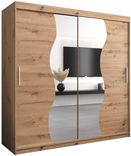 KRYSPOL Schwebetürenschrank Madryt 200 cm mit Spiegel Kleiderschrank mit Kleiderstange und Einlegeboden Schlafzimmer- Wohnzimmerschrank Schiebetüren Modern Design (Artisan Eiche)