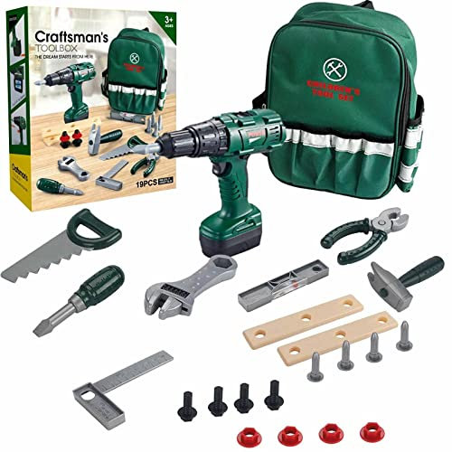 Kids Tool Set Toy with Backpack Carry Bag Construction Kit Play Set with Working Electronic Drill and Tools Role Play Pretend Toy for Children Age 3+