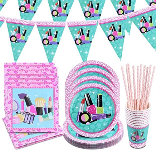 Spa Geburtstag Deko,Spa Topmodel Party Deko Set,Make up Partygeschirr,Make Up Kindergeburtstag Deko,Spa Mädchen Birthday Party Tableware Set mit Banner Tischdecken Teller Becher Serviette