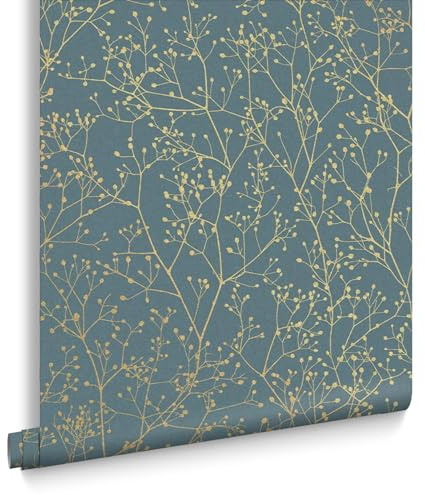 Clarissa Hulse Gypsophila Airforce Blue and Soft Gold Wallpaper | Blue Wallpaper | Trail Wallpaper | Eco-friendly Wallpaper