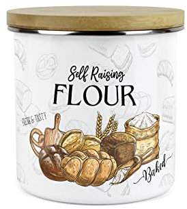 Purely Home Self Raising Flour Storage Canister - The Bakery Range - White Metal Enamel Kitchen Food Pantry Jar