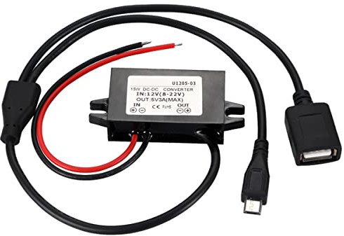 Greluma 1 Pieza Convertidor Impermeable de 12V a 5V 3A, Puertos duales USB/Micro USB DC-DC módulo Reductor Adaptador de Corriente Compatible con Raspberry Pi 4, teléfono móvil, Coche