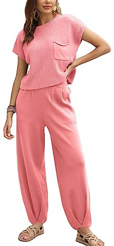 Ugerlov Zweiteiliges Damen-Outfit, Pullover-Set, Strickpullover, Tops und Hose mit hoher Taille, Lounge-Sets, Pink, XL