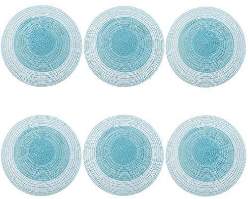 6 tovagliette rotonde, lavabili, boho intrecciate, lavabili, sottobicchieri, piatti, decorazione per la cucina (azzurro, 30 cm)