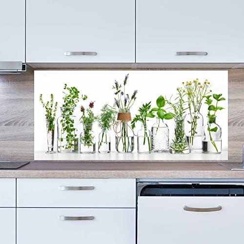 INDIGOS UG Splash Guard – Herbs in Glasses – Glass – 150 x 50 cm – Aluminium Composite Plate Printed – with Picture – Motif – Kitchen Back Wall – Sign – Splash Guard – Cooker – Oven