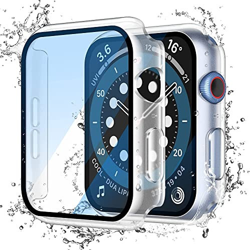 Misxi Transparent Wasserdichtes Hülle mit Gehärtetem Glas Displayschutz für Apple Watch Series SE 2 (2024) / SE Series 6 Serie 5 Series 4 44mm, Stoßfeste Vollschutz PC Schutzhülle für iWatch, 2-Stück