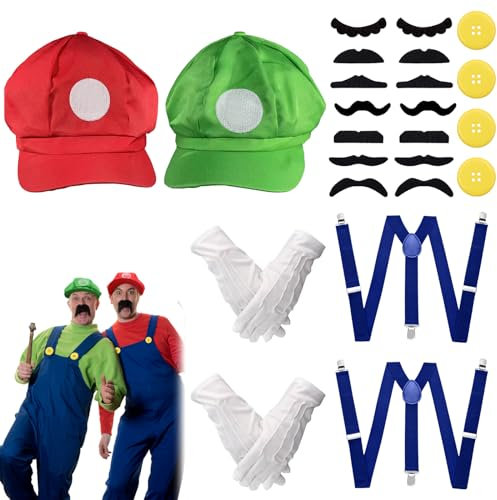 SPOKKI 2 Sätze Mario Kostüm Party Kostüm Zubehör, Mit Rot und Grün Mario Mütze Handschuhen Hosenträgern Schnurrbartknöpfen für Cosplay Geburtstagsfeier Feiertagskostüme
