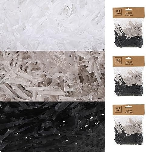 sourcing map Ostern Gras Korb Füllstoff Gras 3 Farbe (Schwarz Weiß Grau) Raffia Recycelbarer Papierschnipsel Füllstoff für Geschenk Verpackung Osterkorb Füllung und Party Dekoration- 5 Pack