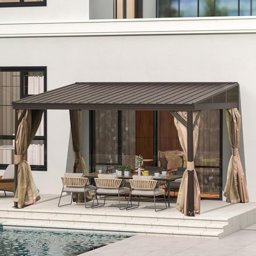 Domi Wandmontierter Pavillon, 3,6 x 4,2 m, Hardtop-Terrassenüberdachung mit abgeschrägtem verzinktem Stahldach, Aluminiumrahmen, Vorhängen und Netz, für Terrasse, Garten und Hinterhof, Braun