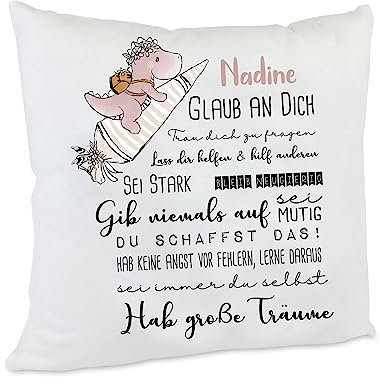 personalisiertes Kissen Geschenk zur Einschulung mit Namen des Erstklässlers Einschulungsgeschenk für Mädchen und Jungen (Dino Schultüte Mädchen)