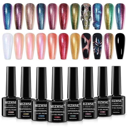 MIZHSE 8 Colors Chameleon Gel Nail Polish Glitter Gel Polish Set, Shimmer Iridescent Color Blue Green Purple Shiny Nail Gel Soak Off Nail Art Salon Home