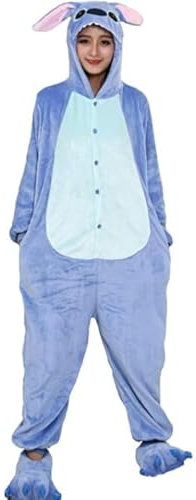 Kraja - Pijama Kigurumi - Disfraz de animal para carnaval, Halloween, fiesta, cosplay, una sola pieza, de franela, suave y cómodo, Azul Stitch, L